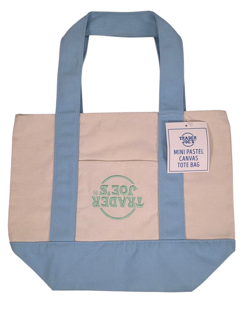 RARE ERROR Trader Joe’s Mini Tote Bag – Upside Down Logo Misprint – NWT Blue